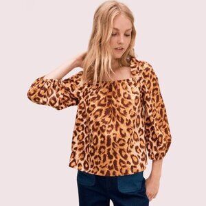NWT Kate Spade panthera leopard print square neck cotton blouse top XS